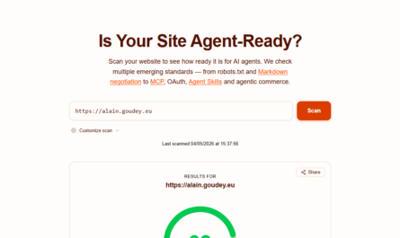 Illustration du site web alain.goudey.eu optimisé agent-ready pour les agents IA avec IsItAgentReady de Cloudflare