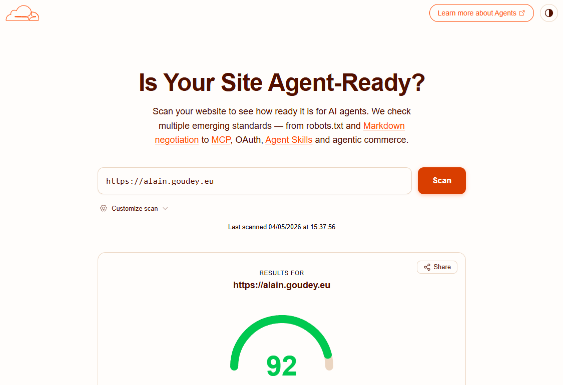 Illustration du site web alain.goudey.eu optimisé agent-ready pour les agents IA avec IsItAgentReady de Cloudflare