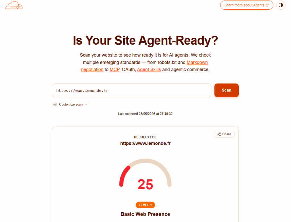 Le site lemonde.fr n'a un score que de 25/100 au test site agent-ready de Cloudflare